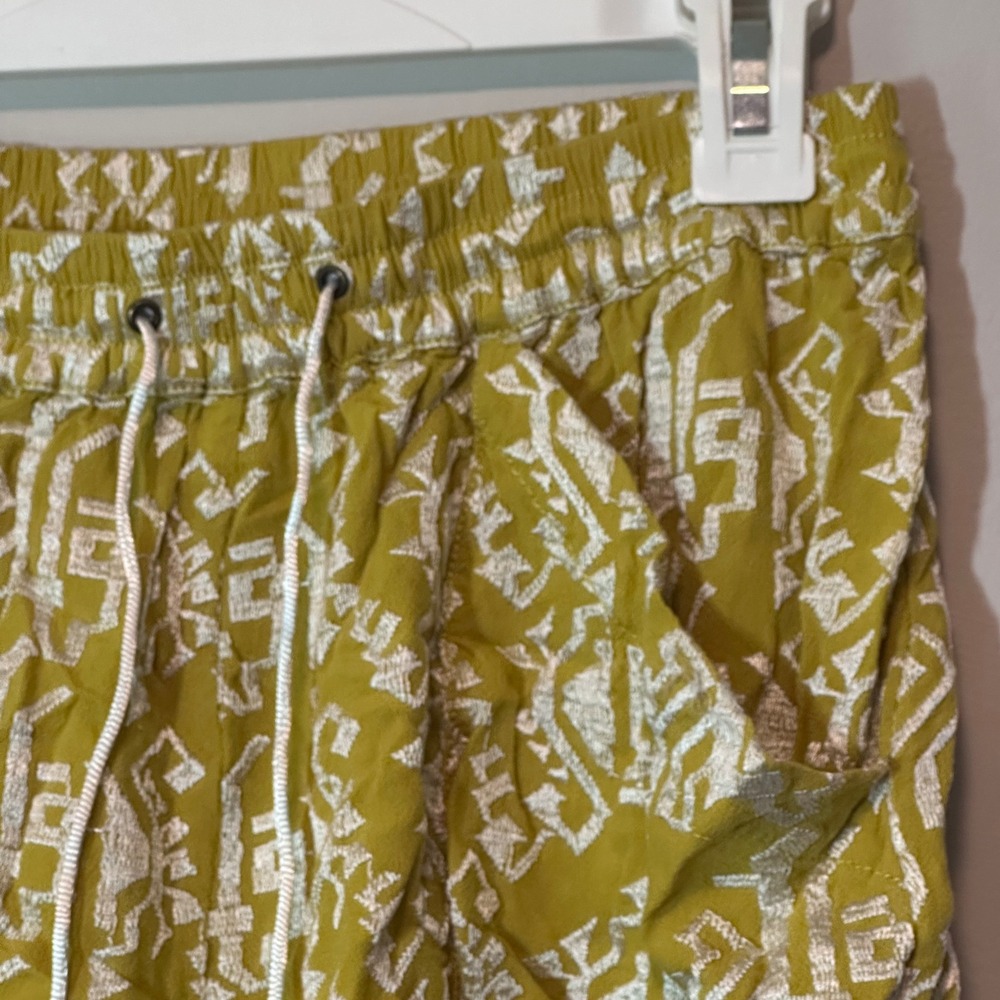 Elevenses Anthropologie Yellow Embroidered Drawstring Shorts Small Boho Geo